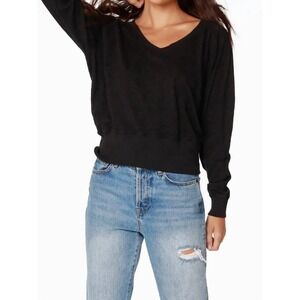 Bobi Los Angeles Black Slub V-Neck Ribbed Hem Long Sleeve Top | Size Small